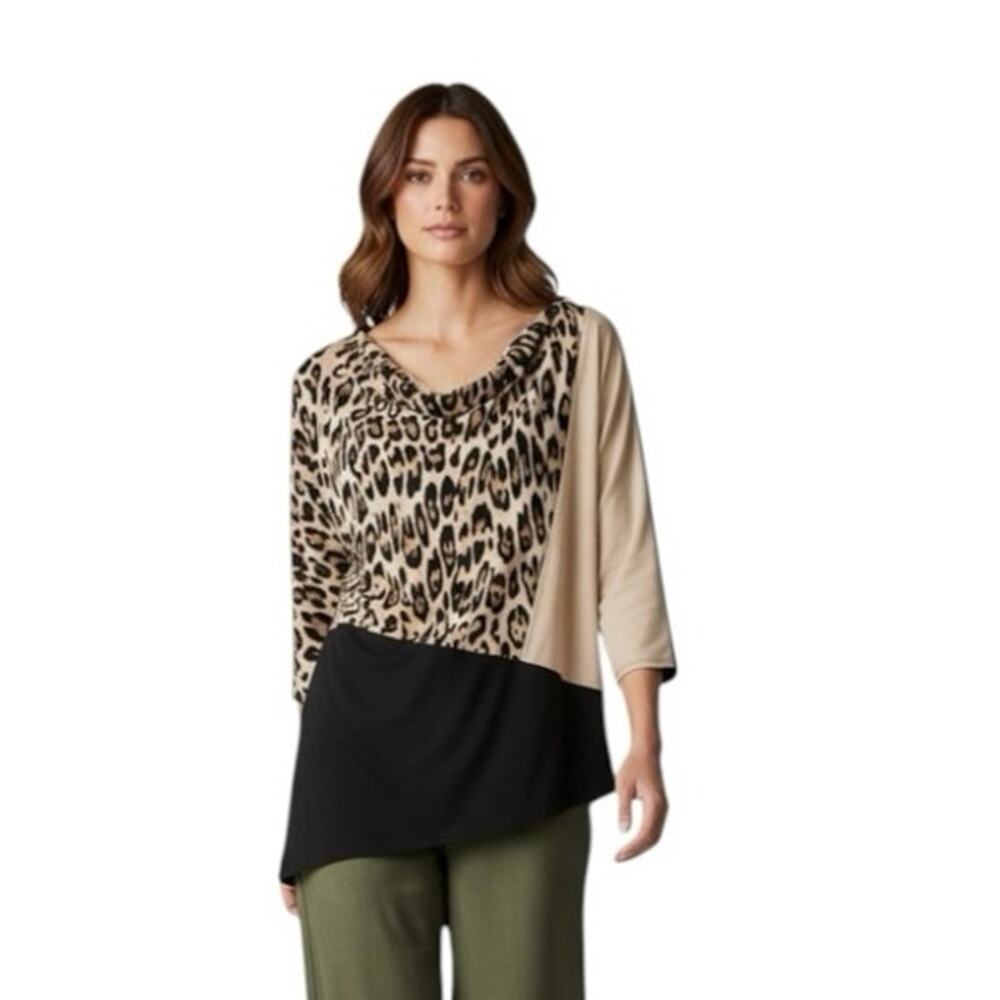 Chico’s Blouse Women’s Size 2 (US XL/16) Leopard Black Block Print Top Resort